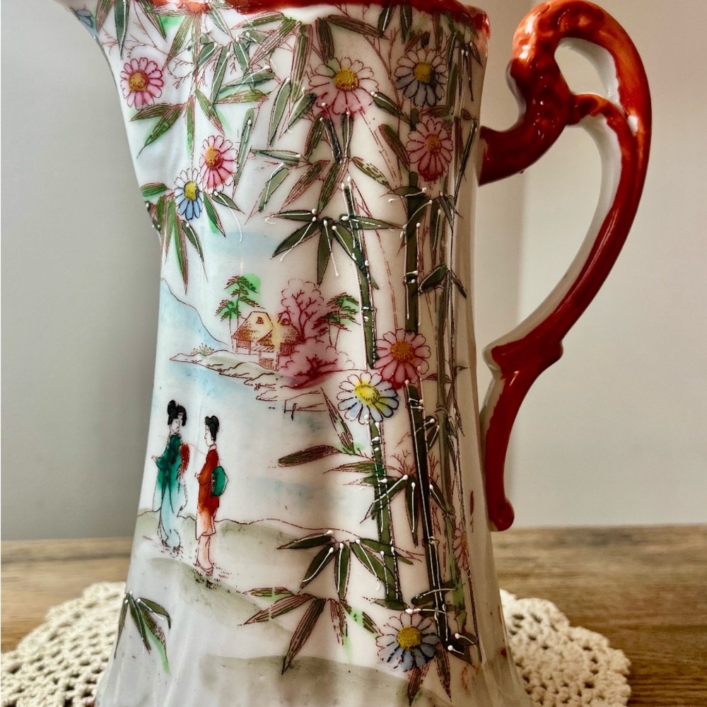 Vintage Floral Ceramic Pitcher with Red Handle - Picture 3 of 8